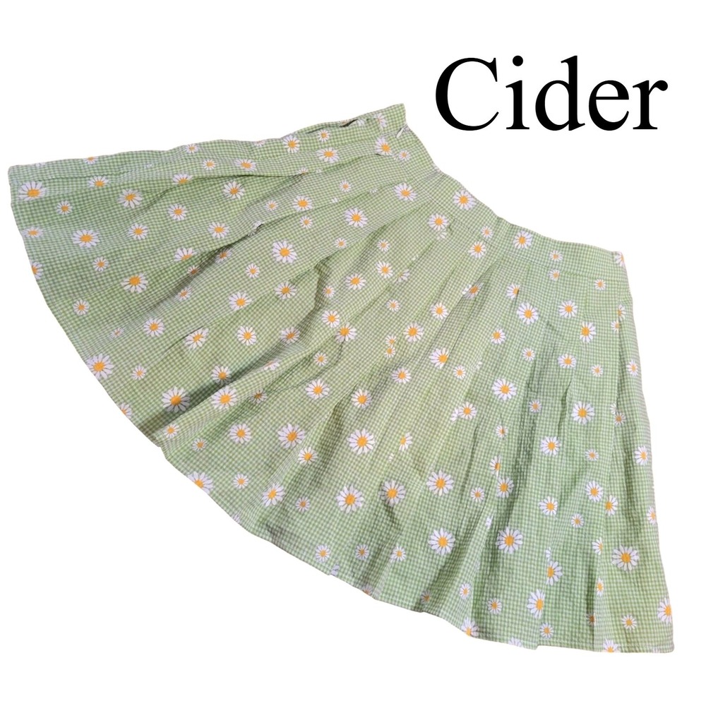 Cider Mini Skirt Women‎ L Green Cotton Gingham Daisy Floral Pleated Picnic Boho